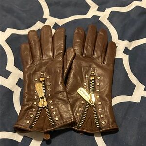 Michael Kors Brown Leather Gloves with Gold Accents
